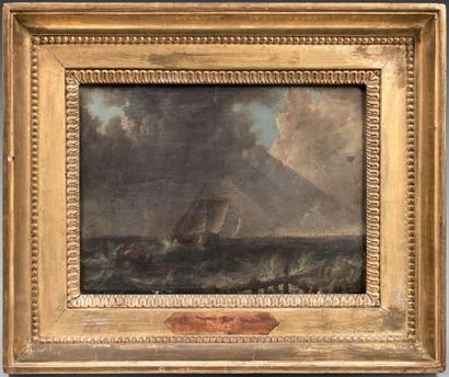 ÉCOLE HOLLANDAISE VERS 1650 
Navire sur une mer agitée
Cuivre 16,5 x 22,5 cm