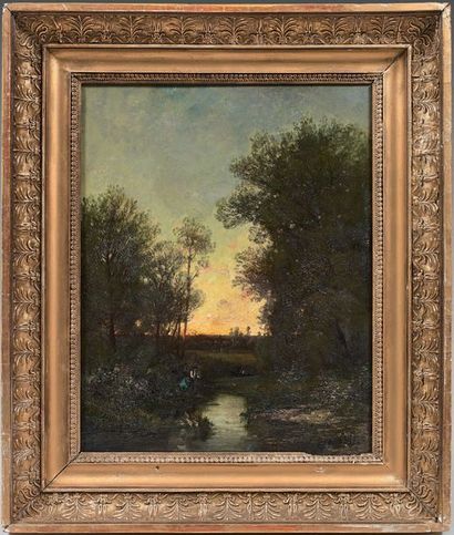 Jules DUPRE (Nantes 1811 - L'Isle Adam 1889) 
Paysage au soleil couchant
Panneau,...