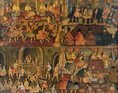 null Panneau aux scènes persanes en papier mâché, Iran qâjâr XIXème siècle
Grand...