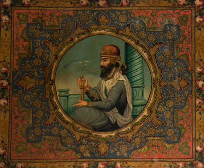 null Portrait du roi Fereydoun, Iran, fin XIXème.
Peinture à l'huile. Dans un médaillon,...