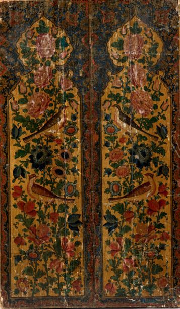 null Panneau en bois à décor de Gol o bolbol, Iran qâjâr, fin XIXème siècle. Deux...