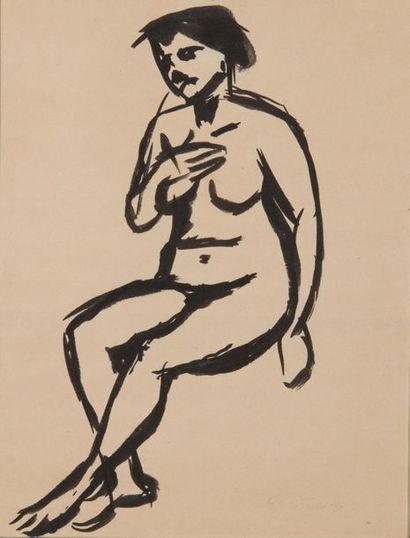 Roger de la FRESNAYE (1885-1925) Nu assis
Dessin à l'encre au pinceau, signé vers...