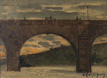 Henri-Joseph HARPIGNIES (1819-1916) Soir couchant sur le pont
Huile sur papier, signée...