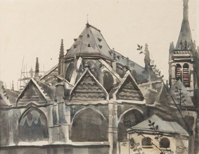Monique JORGENSEN (Née en 1906) Façade - Cour - Église Trois aquarelles, signées...