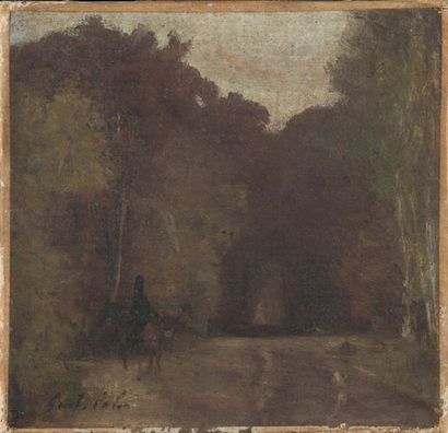 GUSTAVE HENRI COLIN (1828-1910) Paysage-Promenade à cheval Promeneur dans un sous-bois...