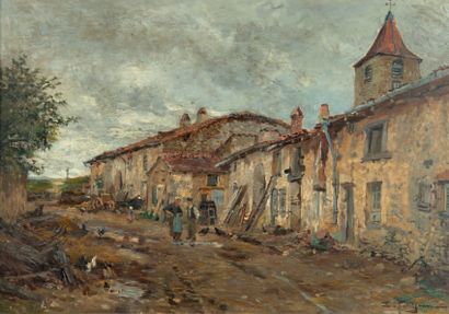 Edmond PETITJEAN (1844-1925) Rue de village animé Huile sur toile, signée en bas...