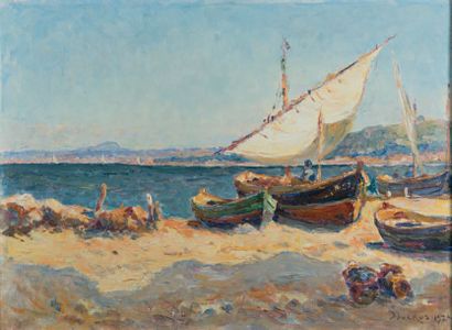 ÉDOUARD DUCROS (1856-1936) Barques de pêcheurs sur la plage, 1924
Huile sur toile,...