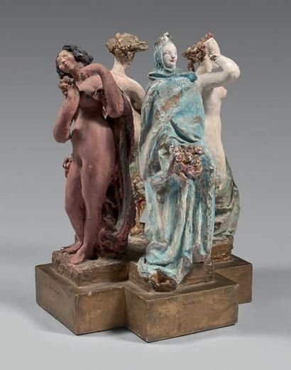 JANNIOT Alfred (1889-1969) «Les quatre saisons». Sculpture en plâtre à patine polychrome,...