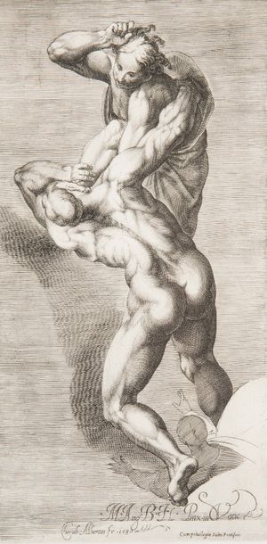 Cherubino ALBERTI (1552-1615). Un ange précipite un damné en enfer. Planche extraite...