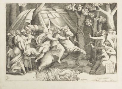 Jules BONASONE (1498-1580). Clélie traversant le Tibre, d’après Polidore de Caravage.
Burin....