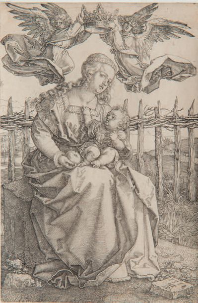 Albrecht Dürer (1471-1528) La Vierge à l’Enfant couronnée par deux anges.
Burin....