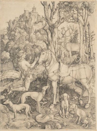 Albrecht DURER (1471-1528). Saint Eustache.
Burin. Très belle épreuve. Légèrement...