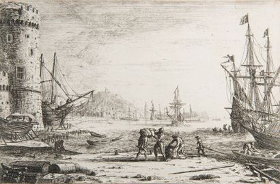 Claude GELLÉE (1600-1682). Le Port de mer à la grosse tour.
Eau-forte. Très belle...