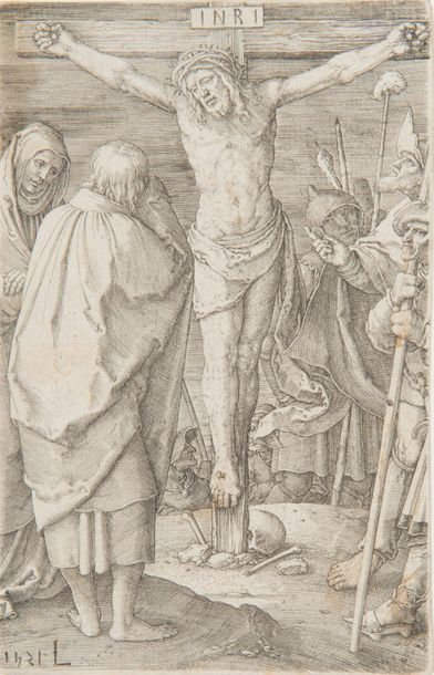 Lucas de LEYDE (1494-1533). La Crucifixion. Planche de la série de la Passion.
Burin....