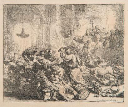 REMBRAND T Van RIJN (1606-1669). Jésus chassant les marchands du Temple.
Eau-forte....