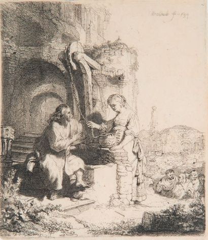 REMBRAND T Van RIJN (1606-1669). Le Christ et la Samaritaine parmi les ruines.
Eau-forte....