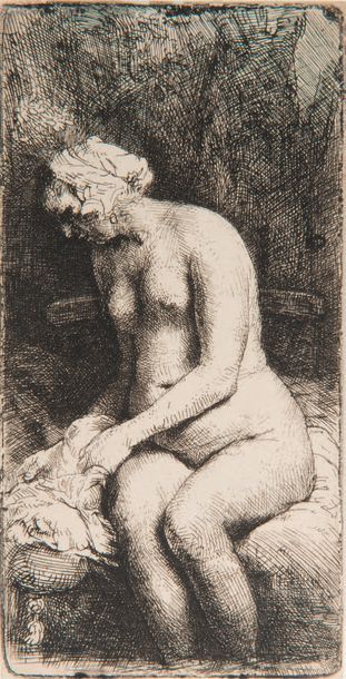 Rembrandt van RIJN (1606-1669) Femme nue au bain.
Eau-forte et pointe sèche. Très...