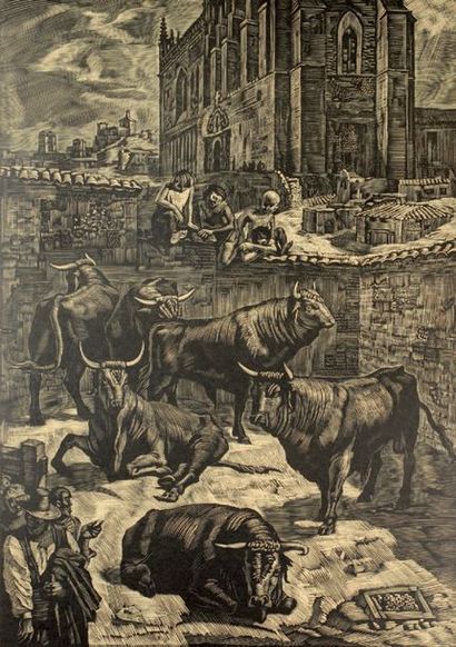 Albert DECARIS (1901-1988) Groupe de taureaux parqués dans une cour.
Gravure sur...