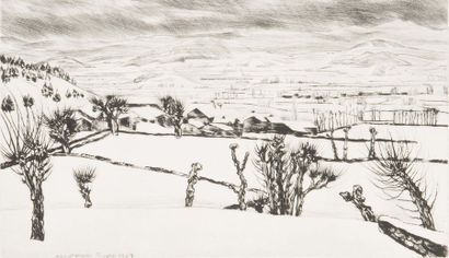 André Jacquemin (1904-1992) Plaine du Velay sous la neige. 1949. Village sous la...