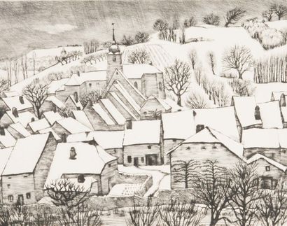 André Jacquemin (1904-1992) Plaine du Velay sous la neige. 1949. Village sous la...