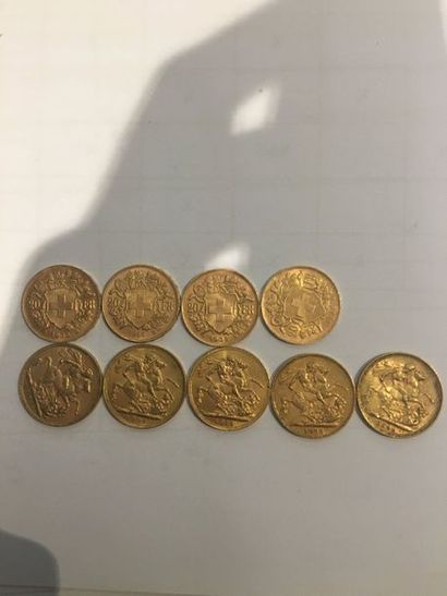 null Lot de 9 pièces en or comprenant: 
5 Souverains or
4 pièces de 20 Francs Suisse...