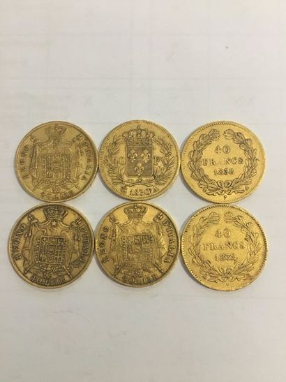 null Lot de 6 pièces en or comprenant:
3 pièces de 40 Francs or
3 pièces de 40 Lires...