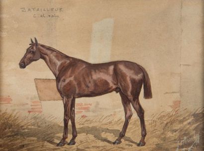 Jonny AUDY (Act. 1850 - 1880) Batailleur. Cheval au box
Aquarelle sur papier titrée...