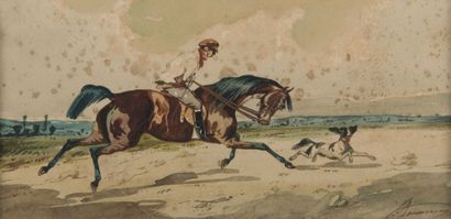 Jonny AUDY (Act. 1850 - 1880) Cheval et chien
Aquarelle sur papier signée en bas...