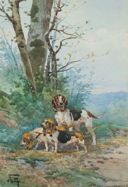 Henri GIDE Le relais de chiens courants
Aquarelle sur papier signée en bas à gauche...