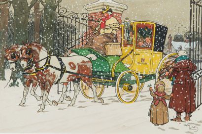 HARRY ELIOTT (1882 - 1959) L'arrivée du carrosse sous la neige
Aquarelle sur papier...