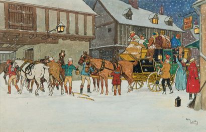 HARRY ELIOTT (1882 - 1959) L'arrivée de la diligence à l'hôtel par temps de neige
Aquarelle...