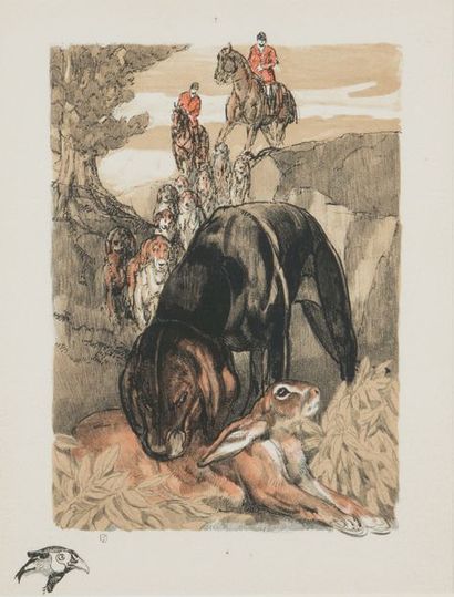 Paul JOUVE (1878 - 1973) La chasse au lièvre
Lithographie originale en couleur sur...