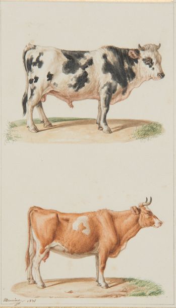 MEUNIER Taureau et vache
Aquarelle sur papier signée et datée 1835 en bas à gauche.
Dim.:...