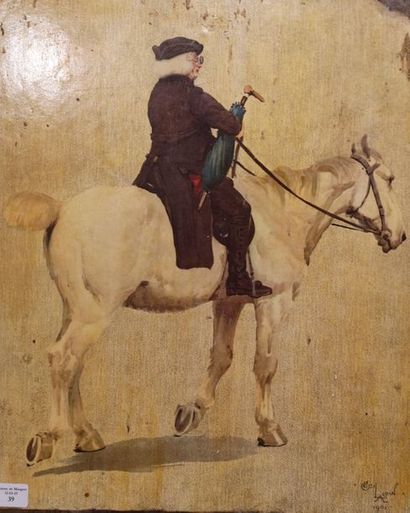 Cecil ALDIN Gentilhomme à cheval
Reproduction en couleurs marouflée sur panneau.
Dim.:...