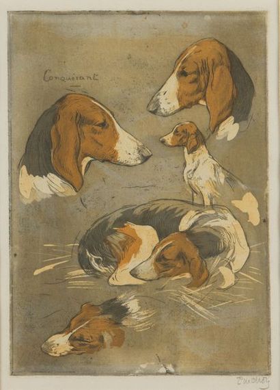 Joseph Porphyre PINCHON (1871 - 1953) Conquérant
Étude de chien de meute. Très belle...