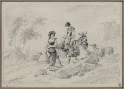 Jean PILLEMENT (Lyon 1728 - 1808) Couple de bergers à la corbeille de pommes
Couple...
