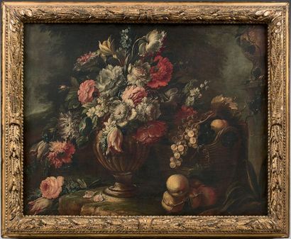 École ITALIENNE vers 1800 Bouquet de fleurs dans un vase et panier de fruits
Sur...