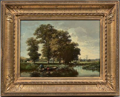 Jules NOEL (Quimper 1815 - Alger 1881) Pêcheur sur un étang
Toile.
Signé et daté...