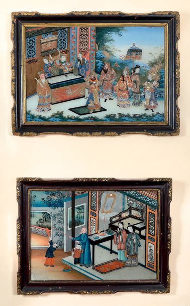 CHINE Deux peintures en fixé-sous-verre, l'une représentant la rencontre d'un mandarin...