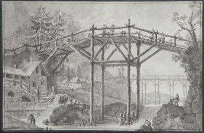 Ignace Eugène Marie DEGOTTI (? - Paris 1824) Pont en bois sur un torrent de montagne...