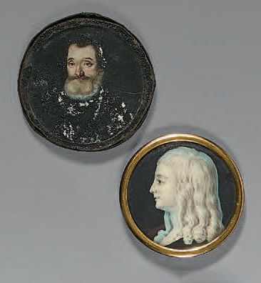 null Miniature ronde sur ivoire: Portrait présumé du Dauphin Louis XVII, dans l'esprit...