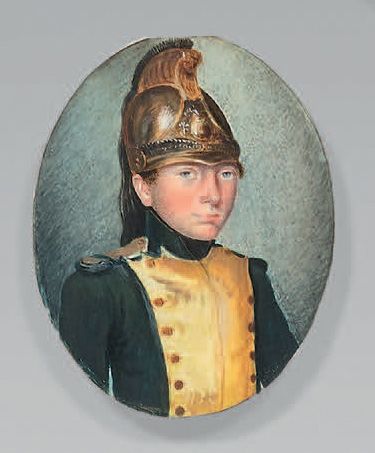 null Miniature ovale sur ivoire: Portrait d'un jeune officier ou sous-officier de...