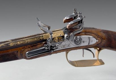null Beau fusil de chasse à silex de la Manufacture de Versailles:
Double canon en...