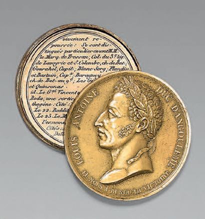 null Médaille commémorative de la campagne d'Espagne de 1823, en laiton doré, formant...