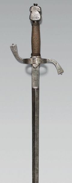 null Épée allemande de type XVIe, garde en fer, quillons inversés, plats, gravés...