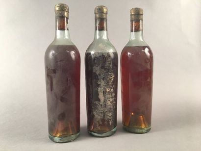 null 3 bouteilles Château GUIRAUD, 1° cru Sauternes (2 de 1947, 1 MB, 1 B, 1 étiquette...