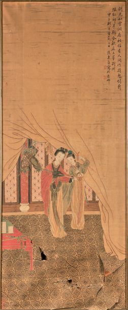 CHINE Encre et couleurs sur soie, représentant SUN Shangxiang et une servante (une...