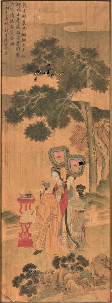 CHINE Encre et couleurs sur soie, représentant la légende "Chang Sheng Dian".
Signature...
