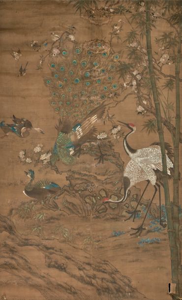 CHINE Encre et couleurs sur soie, représentant cinq paires d'oi­seaux: paons, grues,...