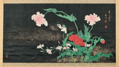Tani Buncho (1763-1840) Encre et couleurs sur soie, représentant des fleurs coque­licots...